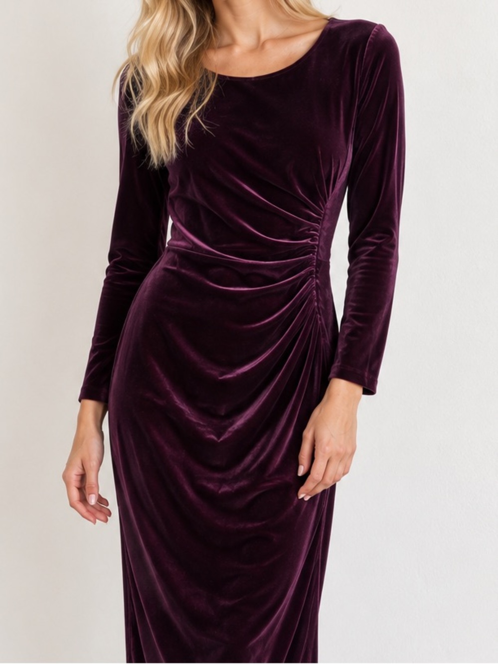 Eliza J Purple Velvet Ruched Long Sleeve Midi Dress 14